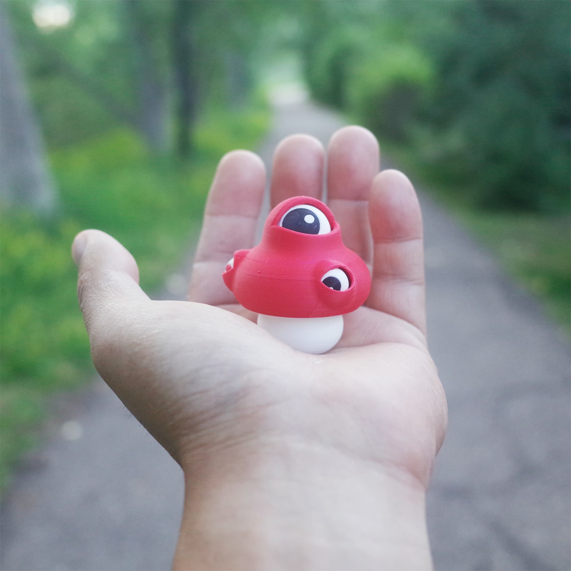 The Eyeball Mushroom resting in an open hand, with a tree-lined path in the background.