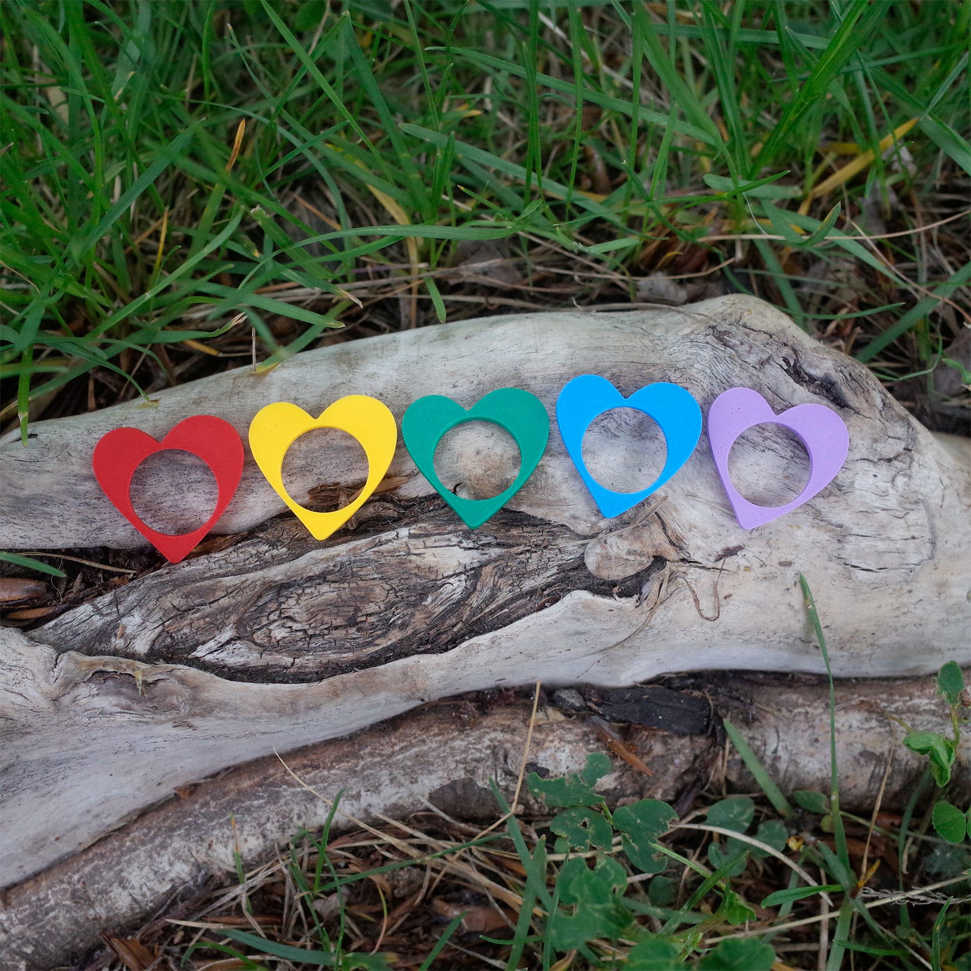 Five colorful 3D printed heart-shaped rings (red, yellow, green, blue, purple) arranged on a textured tree trunk with grass in the background.